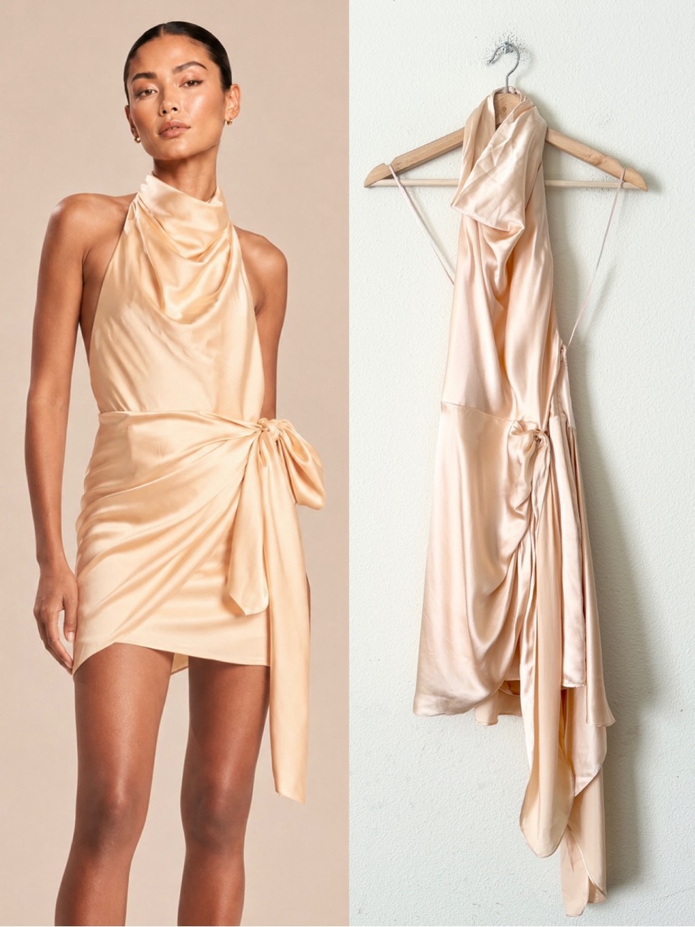 NWT AIIFOS XS Alexandra 100% silk high cowl neck open back mini dress in Blush